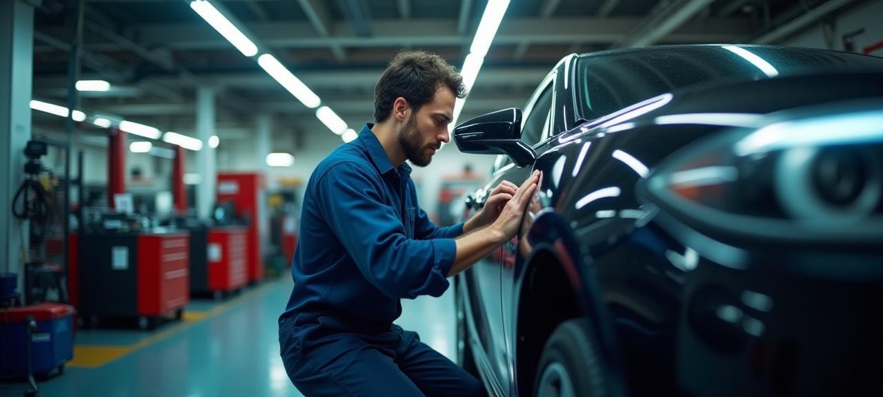 Modern automotive shop with technician working on Japanese vehicle
